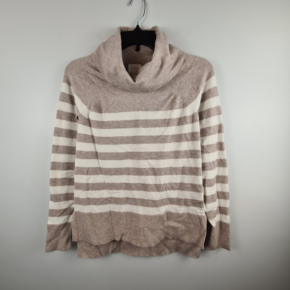 Cyrus Womens Taupe White Striped Cowl Neck Raglan Sweater XS Pullover Cozy Soft